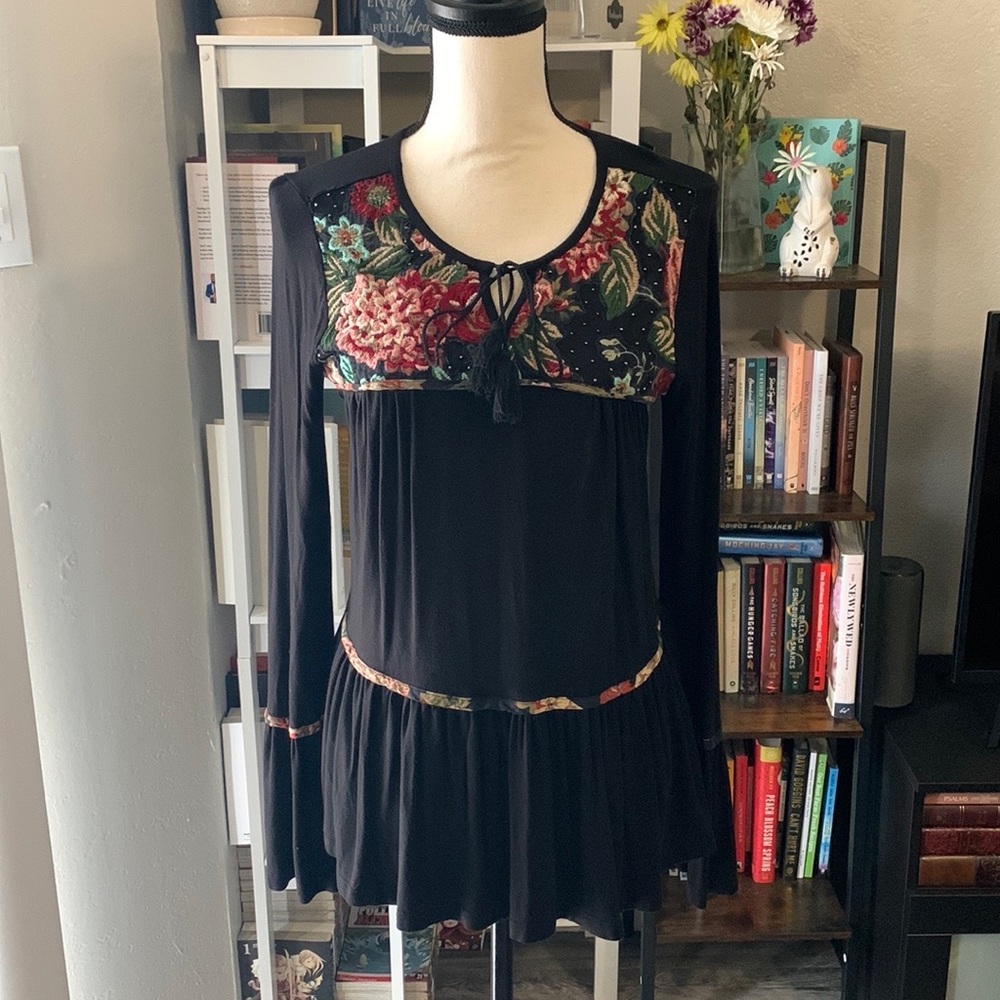 Black Floral Bell Sleeve Top with Tassels